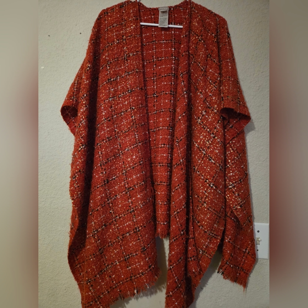 Chico's Plush Tweed Shine Ruana wrap in red and gold metallic